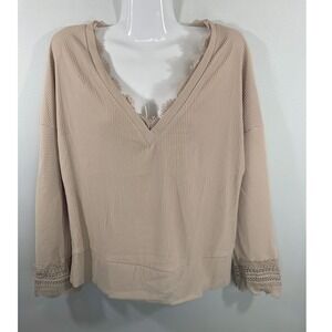 Trendy Queen Tan Lace Trim V-Neck Ribbed Top Women M NWT‎ Boho Prairie Victorian